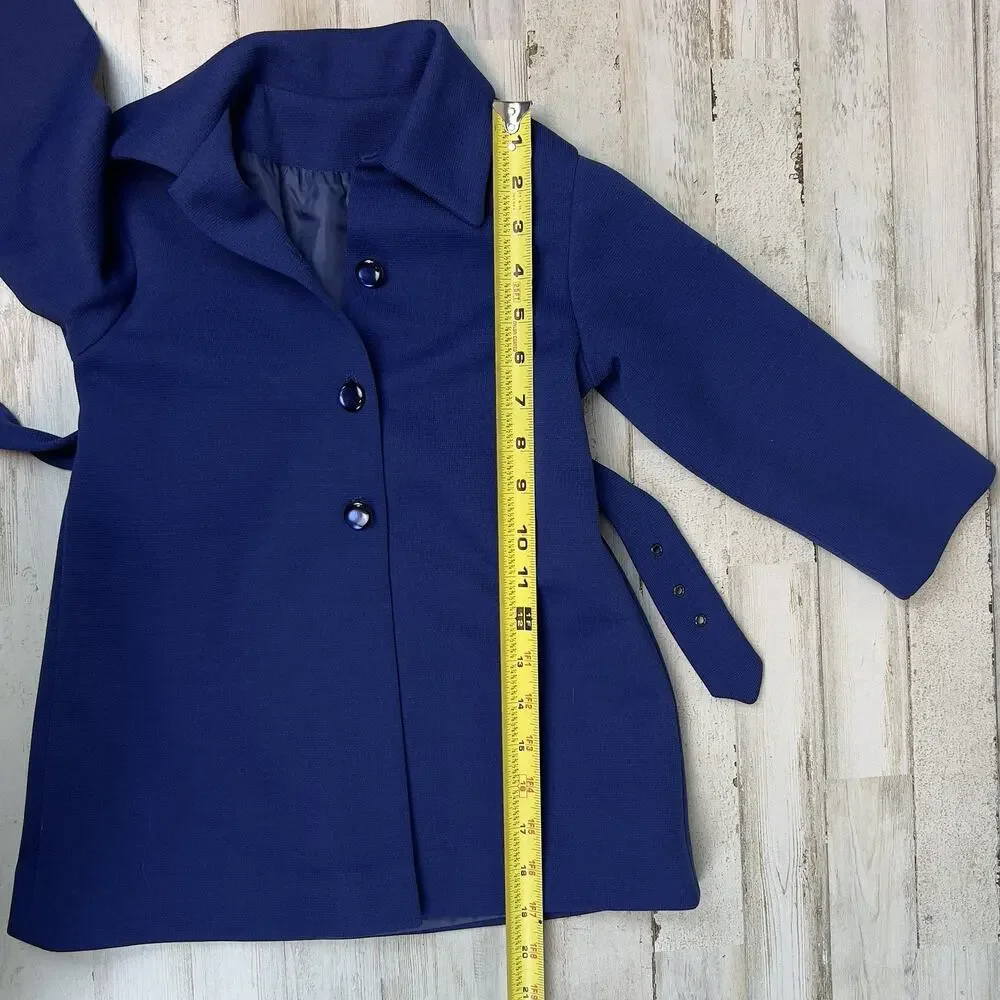 Vintage Handmade Girls Navy Coat & Bird‑Print Dress Set